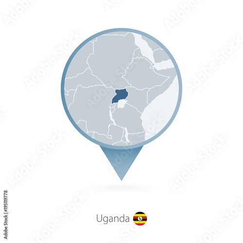 Map pin with detailed map of Uganda and neighboring countries.