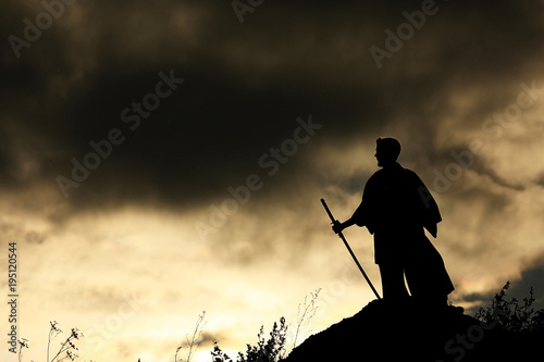 Fighter with a sword silhouette a sky ninja