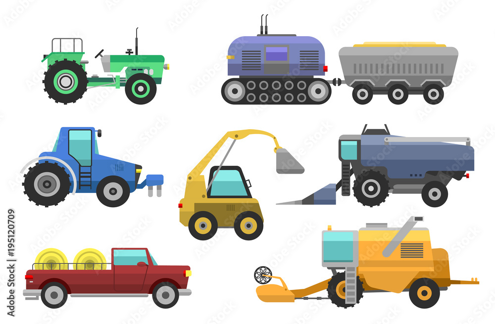 Agricultural vehicles harvester vector tractor machine, combines and excavators. Icon set agricultural harvester machine with accessories for plowing, mowing, planting and harvesting tractors