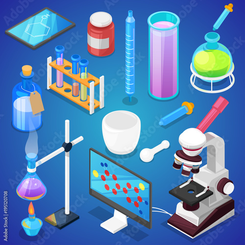 Chemistry vector chemical science or pharmacy research in laboratory for technology or experiment in laboratory illustration set of lab scientific equipment isolated on background