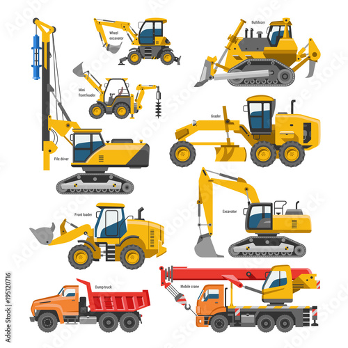 Excavator for construction vector digger or bulldozer excavating with shovel and excavation machinery industry illustration set of constructive vehicles and digging machine isolated on background