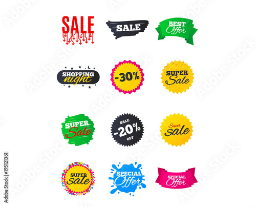Sale banners. Best offers, discounts tags. Market sale flyers or Clearance special offers. Shopping sale stars templates. Vector illustration