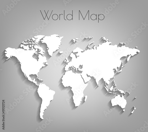 Image of a vector world map. Vector world map background with shadow and flat design style  clean and modern. White world map on a gray background.