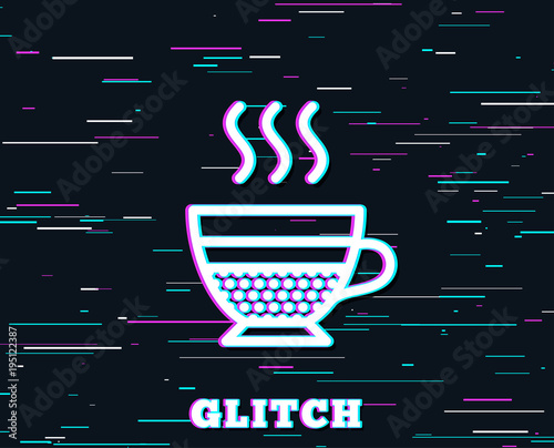 Glitch effect. Cafe creme icon. Hot drink sign. Beverage symbol. Background with colored lines. Vector
