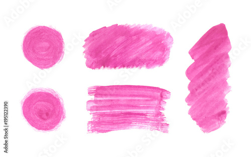 Set of pink stain hand paint, burgundy round shapes, crimson rectangle, stripes, circles, lines isolated on white background