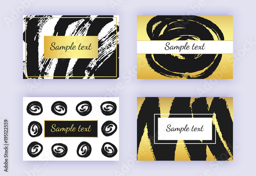 Set of black and gold business card, brush stroke designs. Abstract modern backgrounds. Templates for banners, flyers, placard, poster, online services, logo, brochures