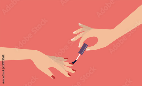 Elegant women's hands doing manicure and painting nails by red polish. Beauty salon and cosmetic concept. Flat vector illustration 
