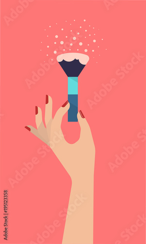Elegant women's hand is holding a brush with face powder. Beauty and cosmetic concept. Flat vector illustration