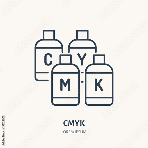 CMYK colors flat line icon. Paint printer buckets sign. Thin linear logo for printery, design studio.