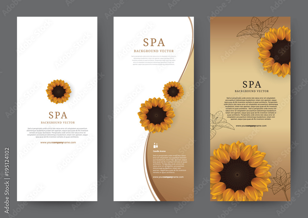 Fototapeta premium Set of Vertical Banner Sun flower Flora with gold or golden background for hotel salon cosmetics beauty resort and spa, vector illustration