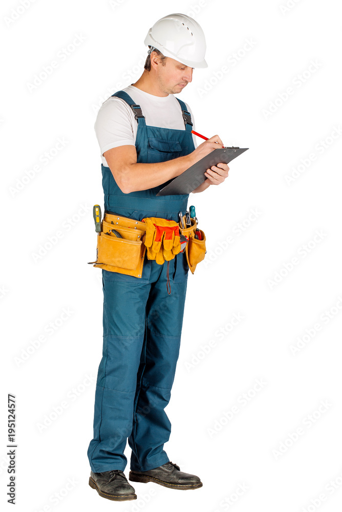 man standing and writing in folder on a white background. People and emotional concept man standing and writing in folder on a white background. People and emotional concept