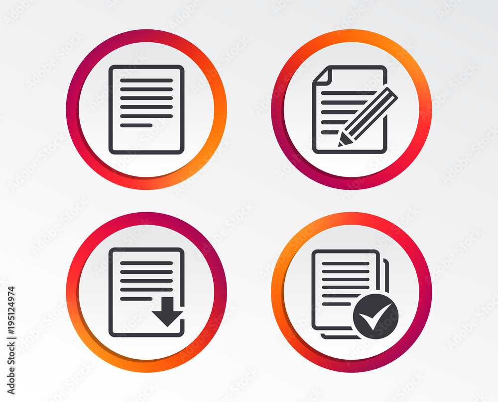 File document icons. Download file symbol. Edit content with pencil sign. Select file with checkbox. Infographic design buttons. Circle templates. Vector File document icons. Download file symbol. Edit content with pencil sign. Select file with checkbox. Infographic design buttons. Circle templates. Vector