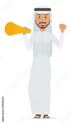 An arab man wearing ethnic costumes has a megaphone photo