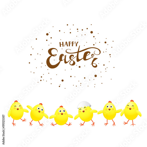 Six yellow chickens on white background and text Happy Easter