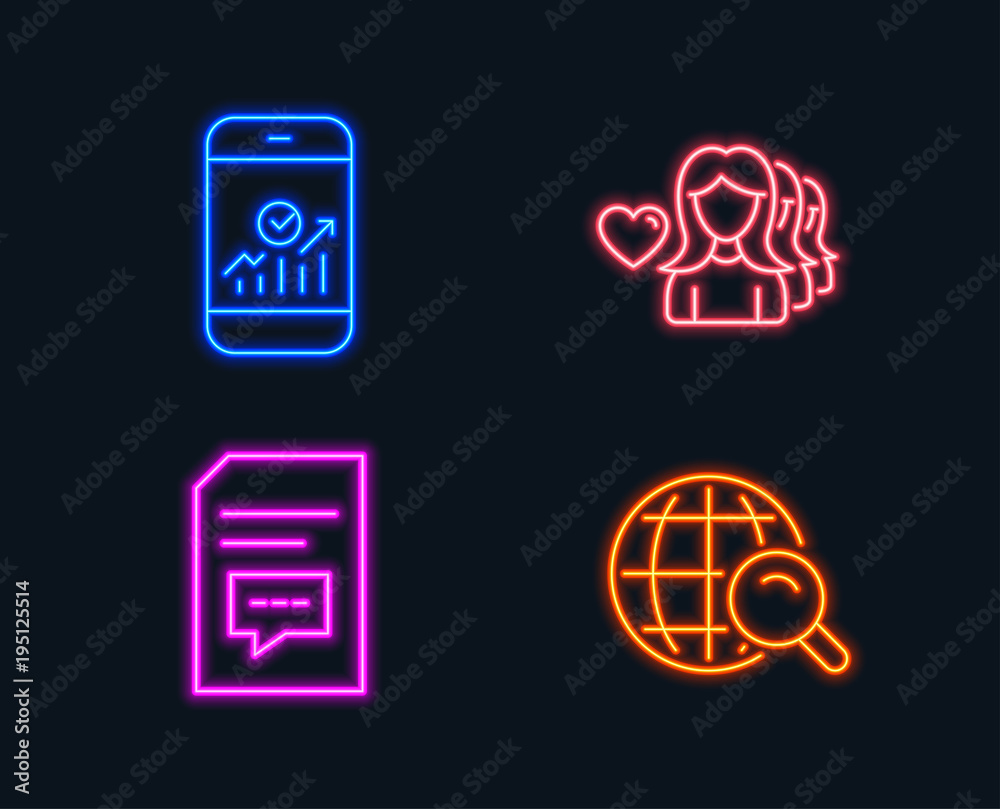 Fototapeta premium Neon lights. Set of Smartphone statistics, Woman love and Comments icons. Internet search sign. Mobile business, Romantic people, Document with speech bubble. Web finder. Glowing graphic designs