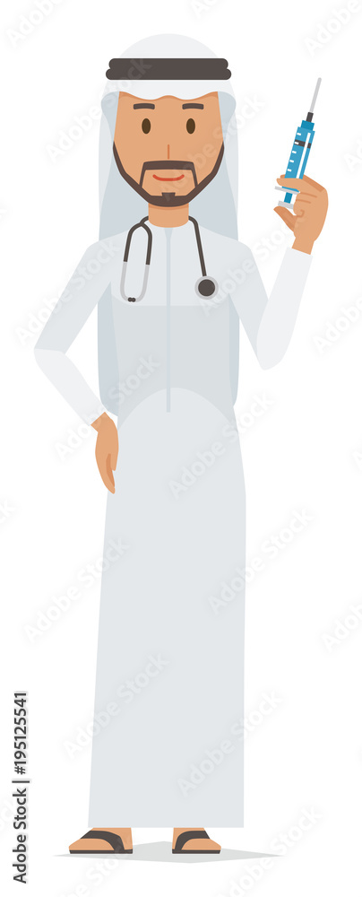 An arab man wearing ethnic costumes has a syringe An arab man wearing ethnic costumes has a syringe