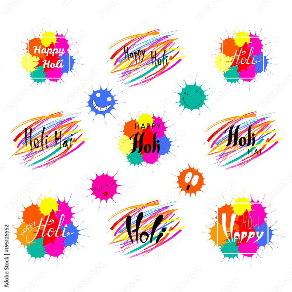 Set of hand written Holi quotes with colorful brush strokes and paint splashes. Isolated objects on white background. Vector illustration. Design concept for festival of colors, party, celebration.