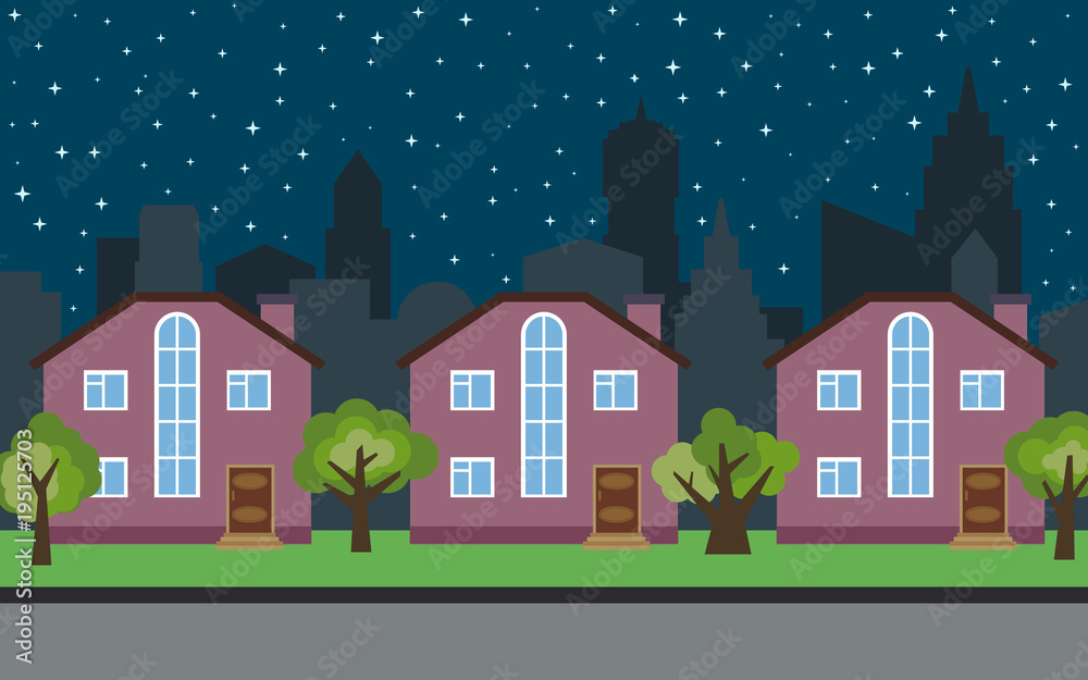 Vector city with three two-story cartoon houses and green trees at night. Summer urban landscape. Street view with cityscape on a background
