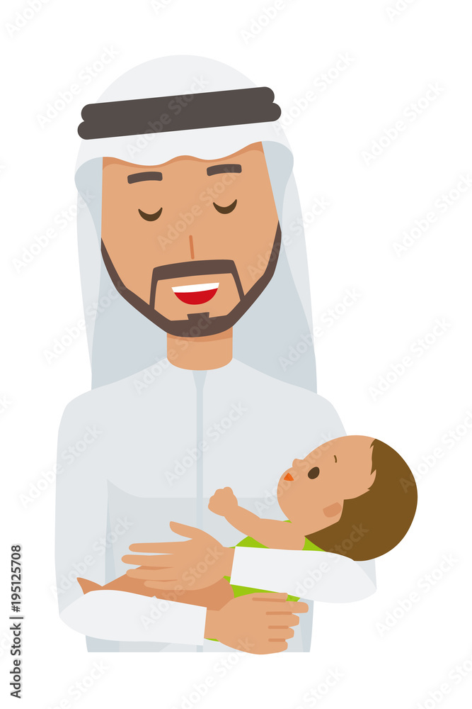An arab man wearing ethnic costumes is hugging a baby An arab man wearing ethnic costumes is hugging a baby