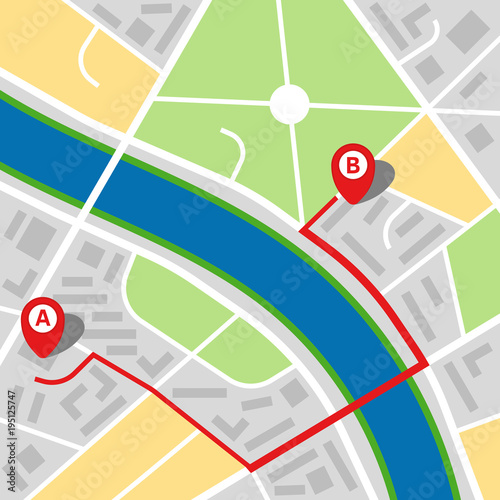 City map of an imaginary city with a river and route from point A to point B. Vector illustration.
