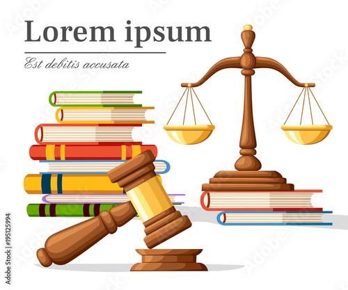 Concept justice in cartoon style. Justice scales and wooden judge gavel. Law hammer sign with books of laws. Legal law and auction symbol. Vector illustration isolated on white background