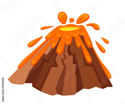 Volcano eruption with hot lava illustration. Geological disasters in cartoon style. Cataclysm color icon. Vector illustration isolated on white background. Web site page and mobile app design
