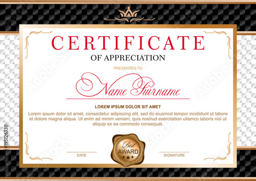 certificate in the official, solemn, elegant, Royal style in black and gold tones, with the image of the crown and gold wax seal on the background of chess black and white texture (horizontal format)