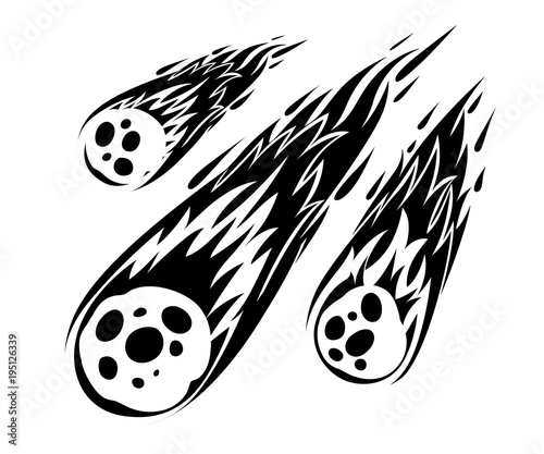 Silhouette of flame meteorite. Meteor rain fall on planet in cartoon style. Cataclysm icon. Vector illustration isolated on white background. Web site page and mobile app design