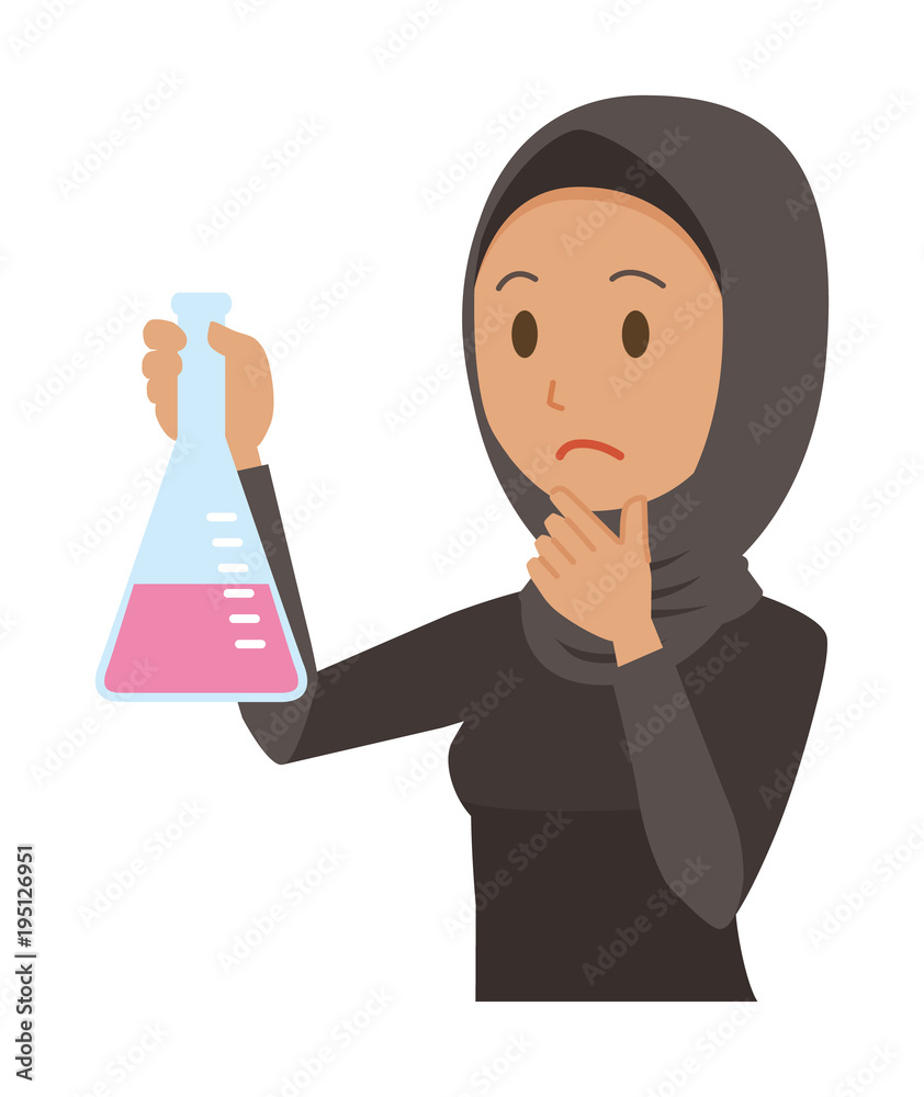 An arab woman wearing ethnic costumes has an erlenmeyer flask An arab woman wearing ethnic costumes has an erlenmeyer flask
