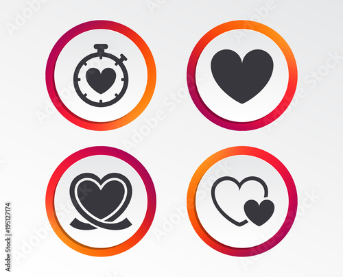 Heart ribbon icon. Timer stopwatch symbol. Love and Heartbeat palpitation signs. Infographic design buttons. Circle templates. Vector
