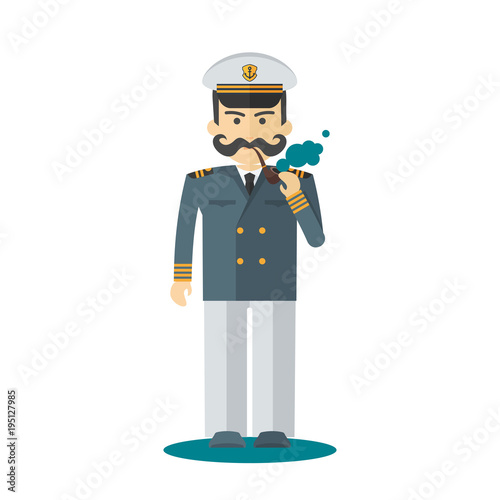 Captain of ship in white suit. Command of military cruiser, a cruise liner. Flat vector cartoon illustration. Objects isolated on a white background.