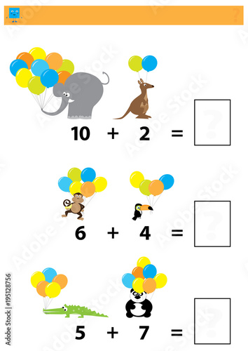 Math educational game for children / colorful worksheet with balloons and animals / addition