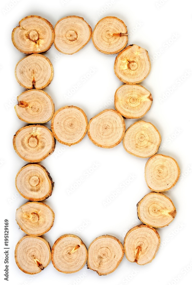 Alphabet letters made from Wood slice on white Background.B. Alphabet letters made from Wood slice on white Background.B.