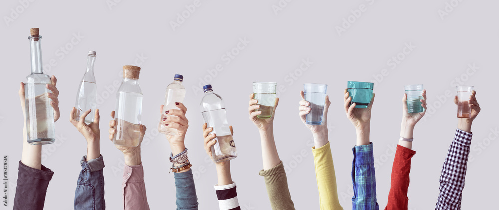 Different people holding water bottles and glass - obrazy, fototapety, plakaty 
