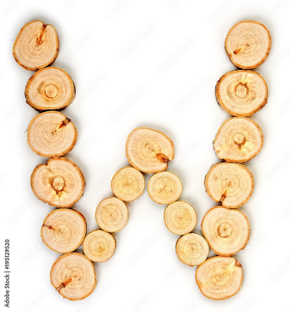 Alphabet letters made from Wood slice on white Background. W.. Alphabet letters made from Wood slice on white Background. W..