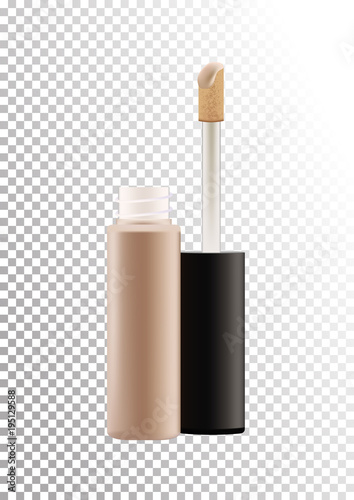 Vector mock up of realistic concealer makeup open bottle with tassel. Package of face skin corrective cosmetic product. Template of container isolated on transparent background.