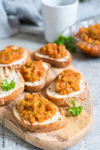 Toasted bread with vegetable caviar, made of squash, pumpkin, tomato, carrot