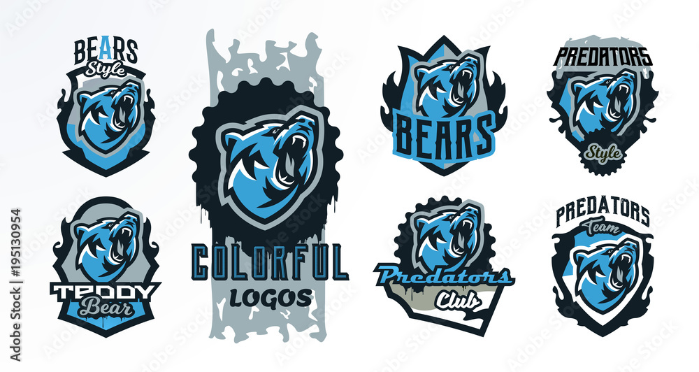 A collection of colorful emblems, badges, logos of a roaring bear. Dangerous predator, an animal of the forest, printing on T-shirts. Shield, lettering, vector illustration