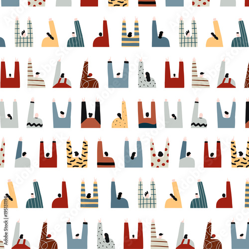 Hand drawn vector illustration of back view of people portrait pattern.
Crowd of people.people raising hands up from back.