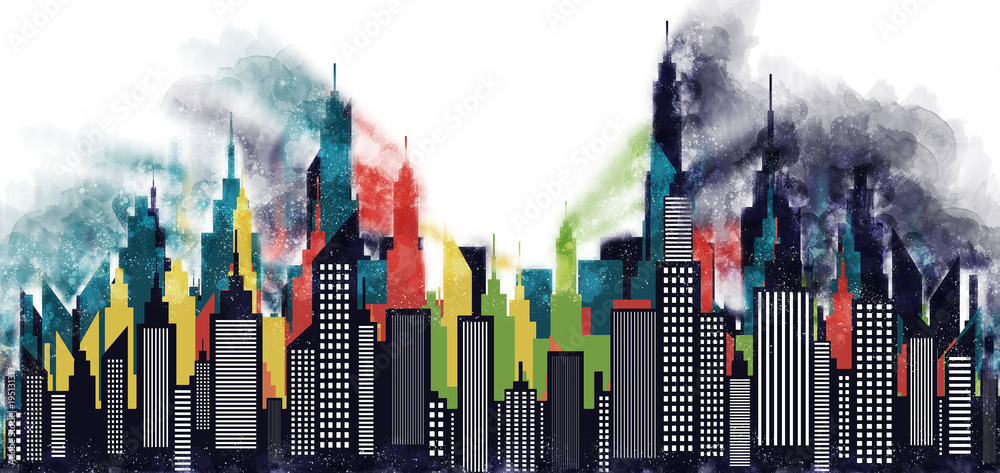 Φωτογραφία American City Buildings And Skyscrapers Watercolor Illustration