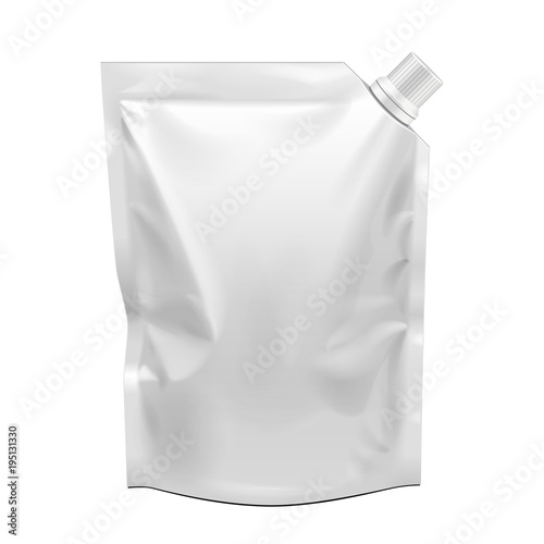 Blank Food Flexible Blank Stand Up Pouch Bag With Corner Spout Lid. Mock Up, Template. Illustration Isolated On White Background. Ready For Your Design. Product Packaging. Vector EPS10