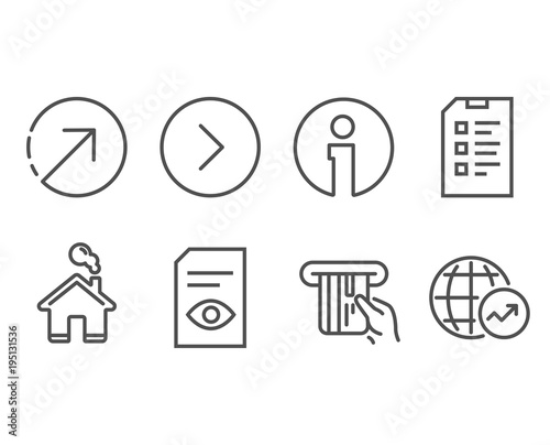 Set of View document, Credit card and Forward icons. Direction, Checklist and World statistics signs. Open file, Atm payment, Next direction. Navigation pointer, Data list, Global report. Vector