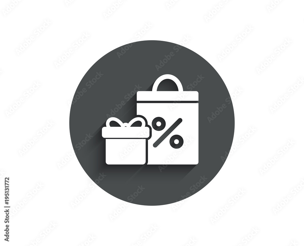 Gift box with Shopping bag simple icon. Present or Sale sign. Birthday Shopping with Discounts symbol. Package in Gift Wrap. Circle flat button with shadow. Vector Gift box with Shopping bag simple icon. Present or Sale sign. Birthday Shopping with Discounts symbol. Package in Gift Wrap. Circle flat button with shadow. Vector