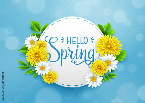 Hello Spring background with wreath, and frame round paper 