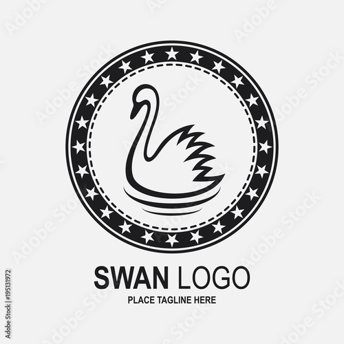 Swan icon design template. Black swan and stars in round frame