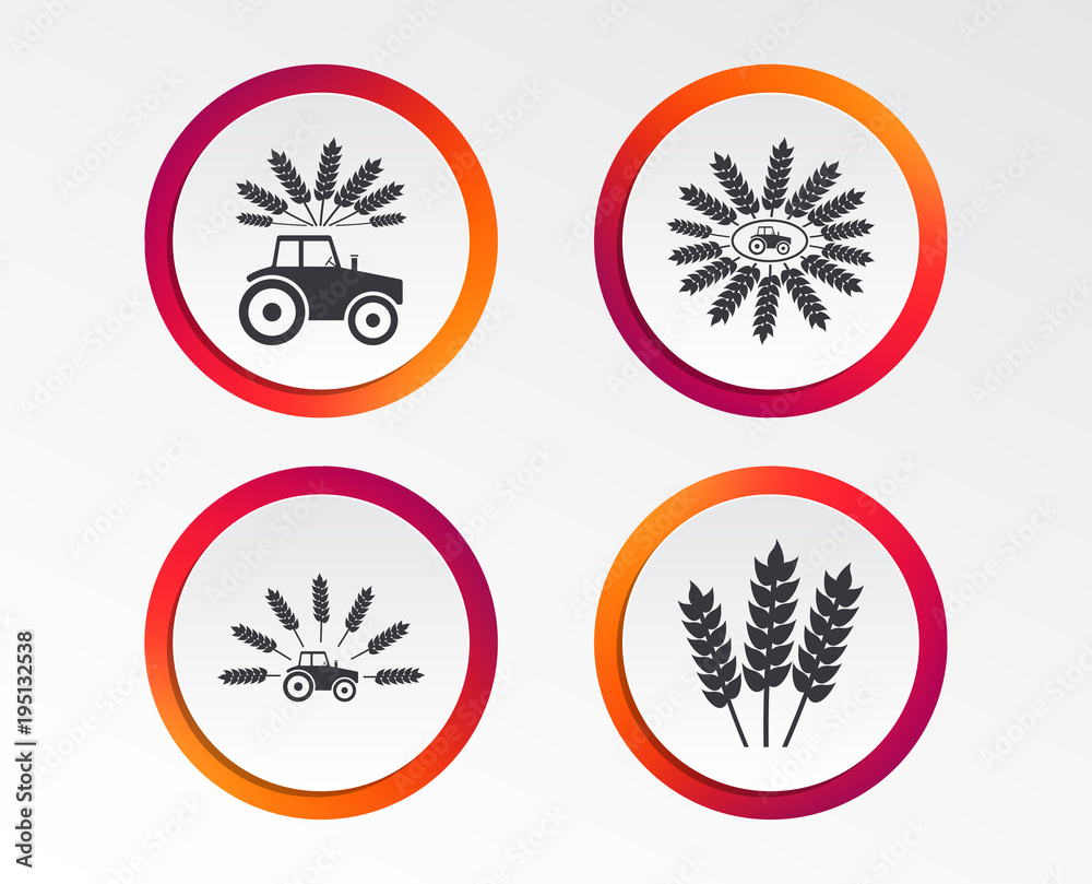 Obraz premium Tractor icons. Wreath of Wheat corn signs. Agricultural industry transport symbols. Infographic design buttons. Circle templates. Vector