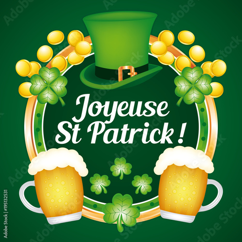 Joyeuse Saint Patrick ! Carte de vœux festive. Illustration vectorielle III. Fond dégradé vert foncé.