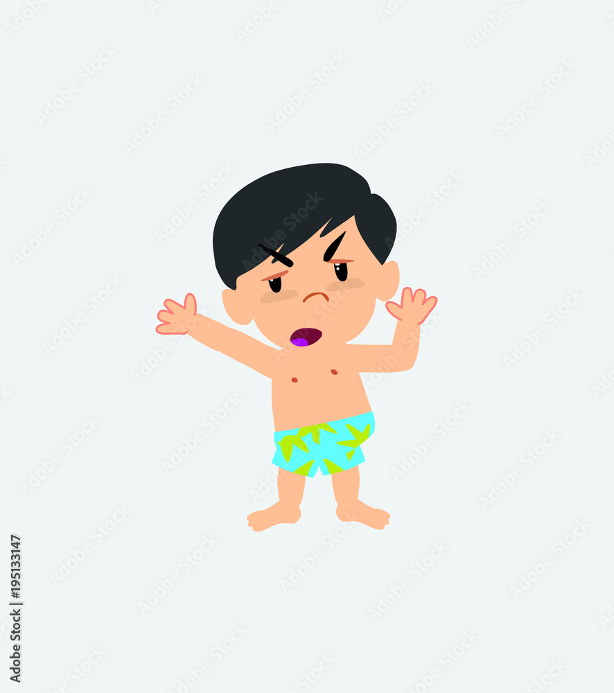 Asian boy in a swimsuit argues something with a gesture of discontent. Asian boy in a swimsuit argues something with a gesture of discontent.