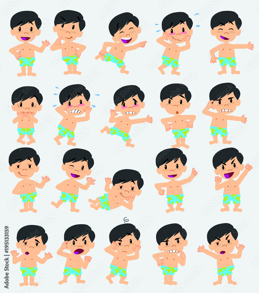 Cartoon character asian boy in a swimsuit. Set with different postures, attitudes and poses, doing different activities in isolated vector illustrations. Cartoon character asian boy in a swimsuit. Set with different postures, attitudes and poses, doing different activities in isolated vector illustrations.