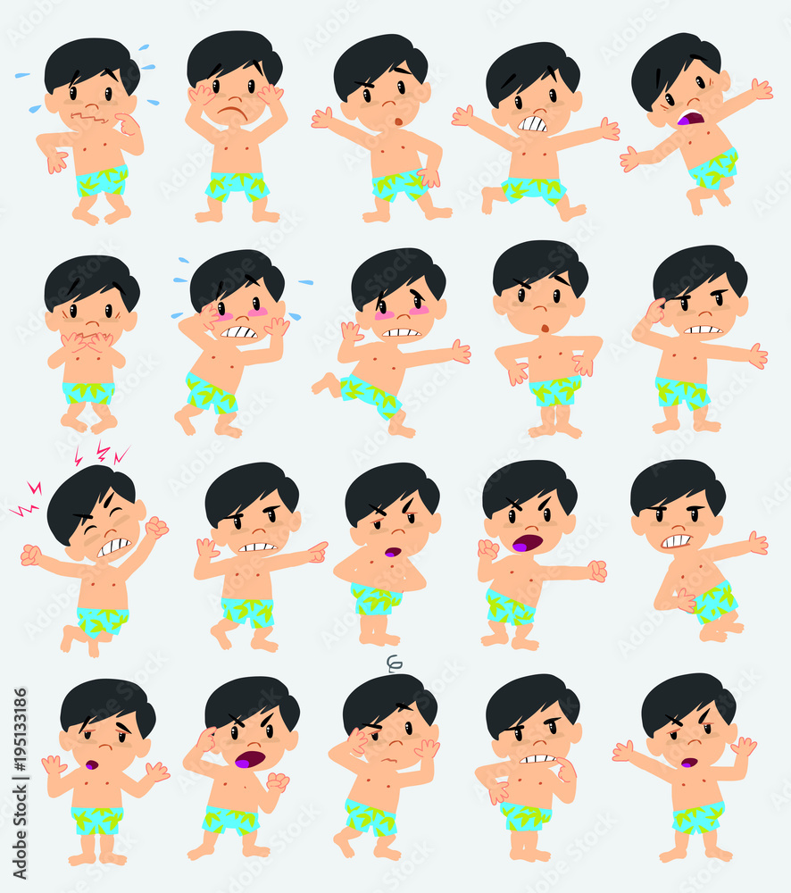 Cartoon character boy in a swimsuit. Set with different postures, attitudes and poses, always in negative attitude, doing different activities in vector vector illustrations. Cartoon character boy in a swimsuit. Set with different postures, attitudes and poses, always in negative attitude, doing different activities in vector vector illustrations.